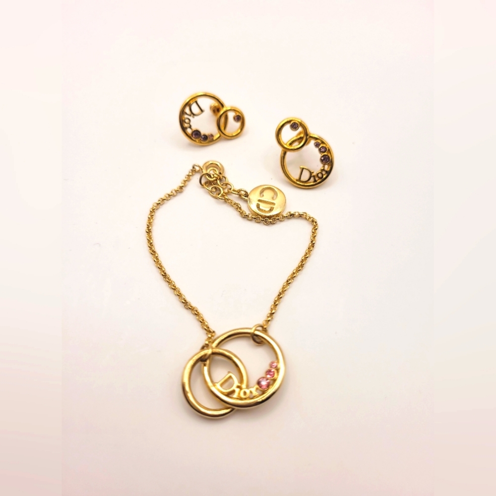 Christian Dior Gold Plated Pink Crystal Pierced Earrings And Bracelet Set